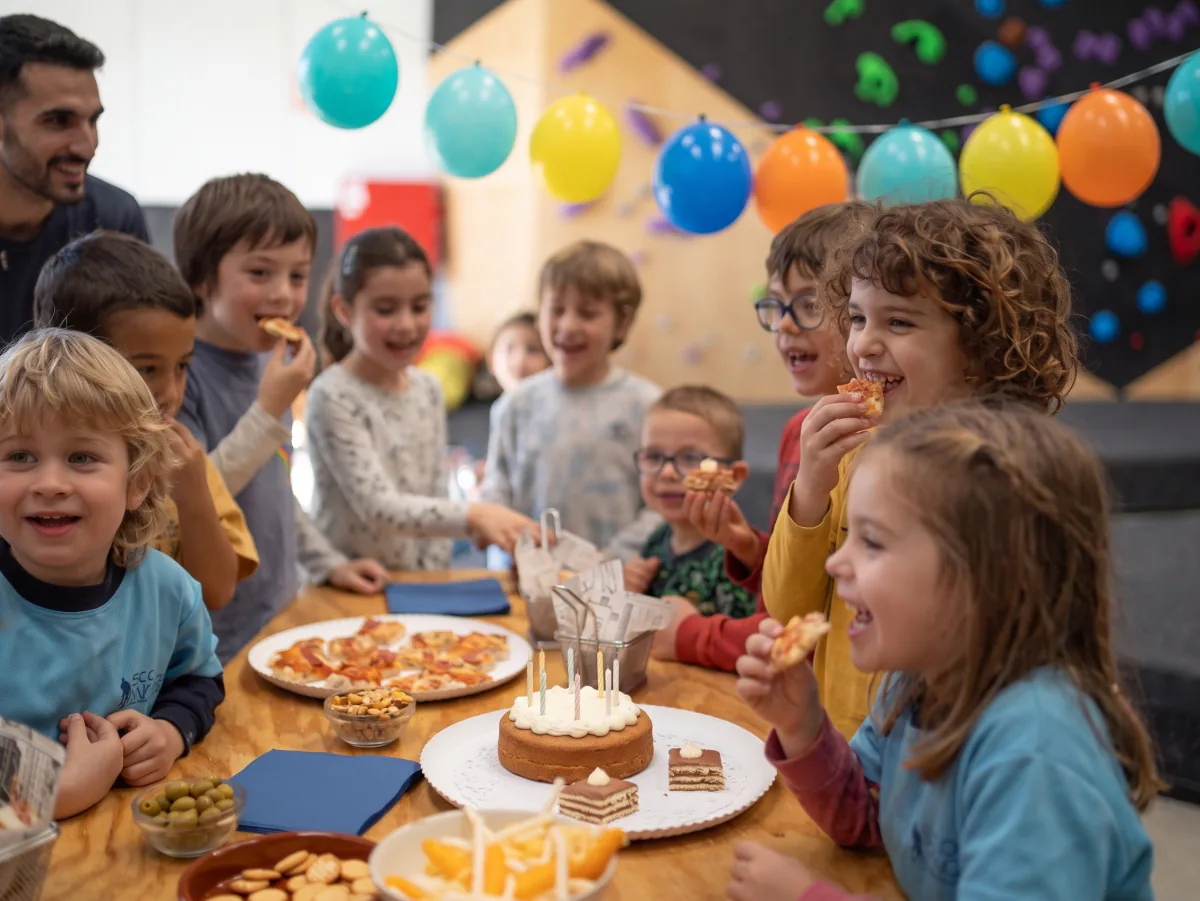 Un grup d’infants al voltant de la taula d’aniversari, amb pastís, pizza i globus